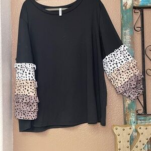 Soft Like Butter Black Top with Polka Dot Ruffle Sleeves